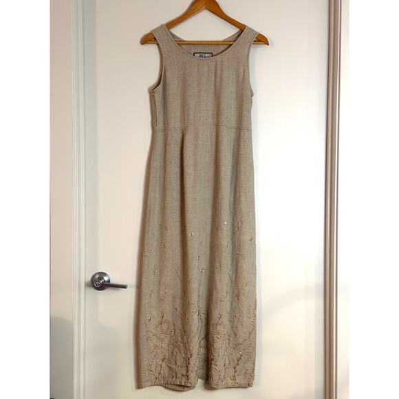 Vintage Bice by Sag Harbor Small Linen Rayon Beaded Beige Nude Maxi Tank Dress - Picture 1 of 8